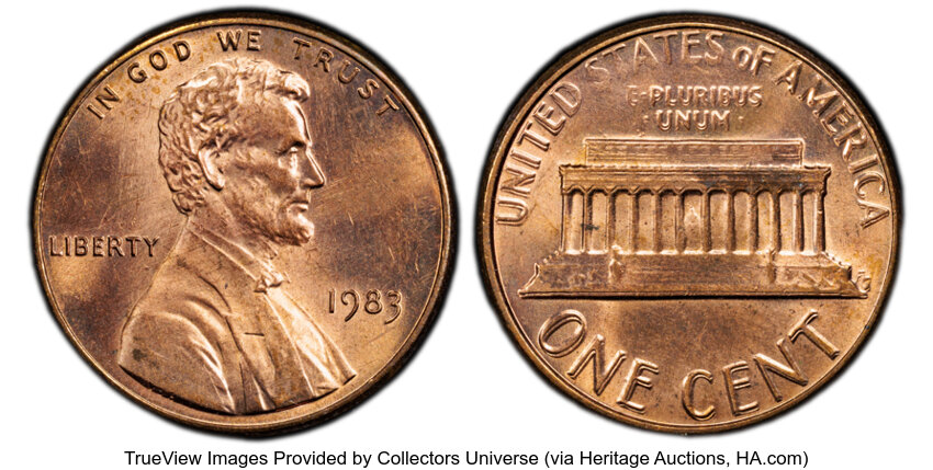 image for: 1983 1C Doubled Die Reverse, FS-801, MS64 Red PCGS. PCGS Population: 28 in 64 (1 in 64+), 70 finer (11/25). CDN: $290 Whsle...