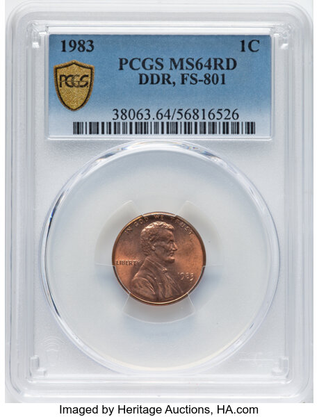 image for: 1983 1C Doubled Die Reverse, FS-801, MS64 Red PCGS. PCGS Population: 28 in 64 (1 in 64+), 70 finer (11/25). CDN: $290 Whsle...