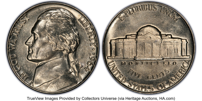 image for: 1964 5C MS65 Full Steps PCGS. PCGS Population: 70 in 65 (2 in 65+), 60 finer (11/25). CDN: $150 Whsle. Bid for NGC/PCGS MS6...