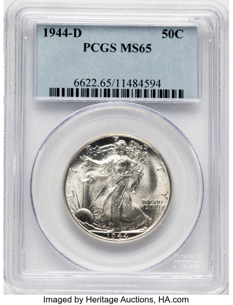 image for: 1944-D 50C Hand-Engraved Initials, FS-901, MS65 PCGS. PCGS Population: 71 in 65, 82 finer (11/25). CDN: $160 Whsle. Bid for...