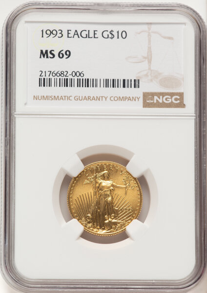 image for: 1993 $10 Quarter-Ounce Gold Eagle, MS69 NGC.  CDN: $1,820 Whsle. Bid for NGC/PCGS MS69....