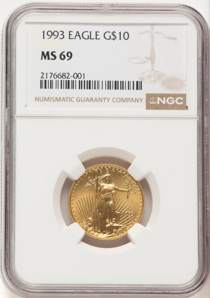 image for: 1993 $10 Quarter-Ounce Gold Eagle, MS69 NGC.  CDN: $1,820 Whsle. Bid for NGC/PCGS MS69....