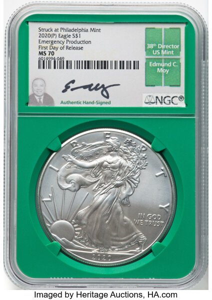 image for: 2020-(P) $1 Silver Eagle, Emergency Production Struck at Philadelphia, First Day of Release, MS70 NGC. Hand-signed, Edmund ...