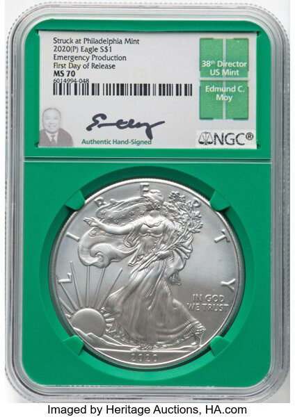 image for: 2020-(P) $1 Silver Eagle, Emergency Production Struck at Philadelphia, First Day of Release MS70 NGC. Hand-signed, Edmund C...