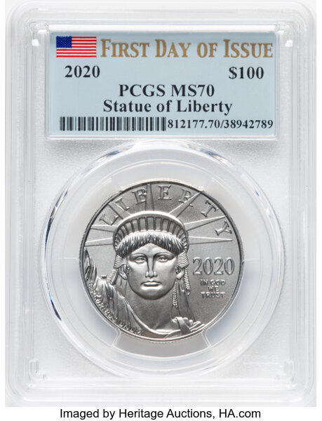 image for: 2020 $100 One Ounce Statue of Liberty, First Day of Issue, MS70 PCGS....