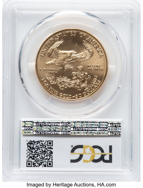 image for: 2001 $50 One-Ounce Gold Eagle, MS70 PCGS.  Mintage 143,605....