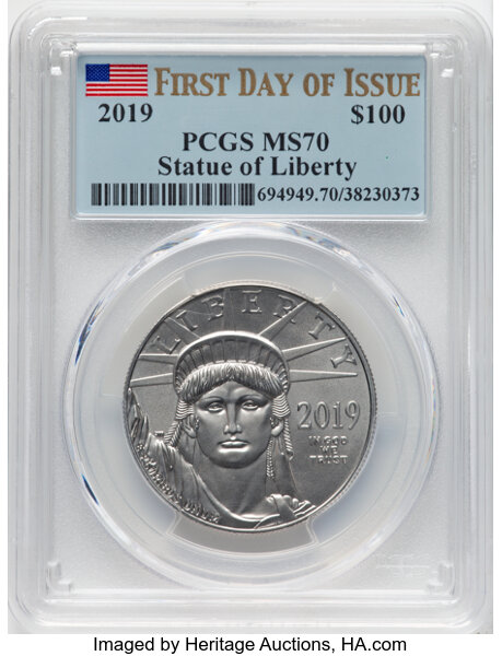 image for: 2019 $100 One-Ounce Platinum Eagle, Statue of Liberty, First Day of Issue, MS70 PCGS....