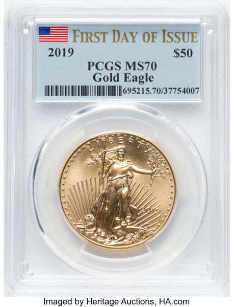 image for: 2019 $50 One Ounce Gold Eagle, First Day of Issue, MS70 PCGS....