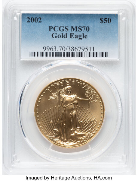 image for: 2002 $50 One-Ounce Gold Eagle, MS70 PCGS.  Mintage 222,029....