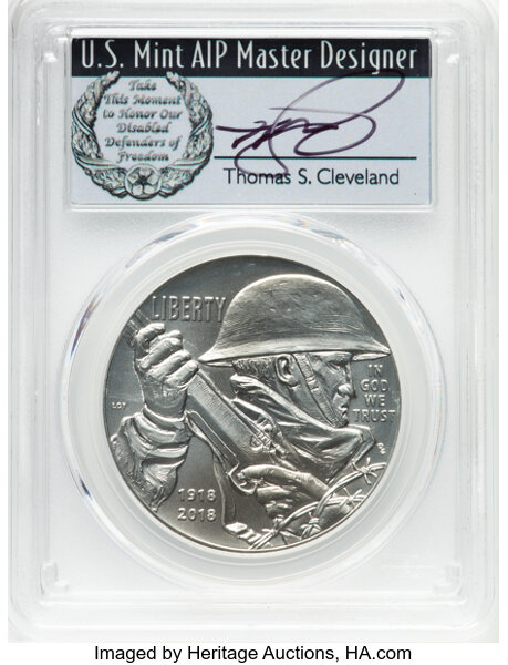 image for: 2018-P $1 WWI Centennial, First Strike, MS70 PCGS. Signed, Thomas S. Cleveland...