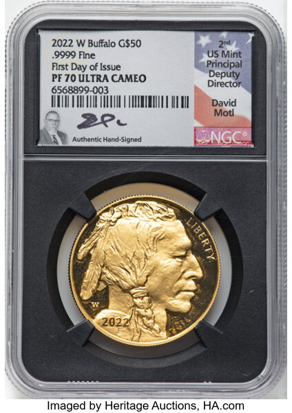 image for: 2022-W G$50 One-Ounce Gold Buffalo, .9999 Fine, First Day of Issue, PR70 Ultra Cameo NGC. Authentic hand-signed, David Moti...