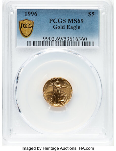 image for: 1996 $5 Tenth-Ounce Gold Eagle MS69 PCGS.  Mintage 401,964....