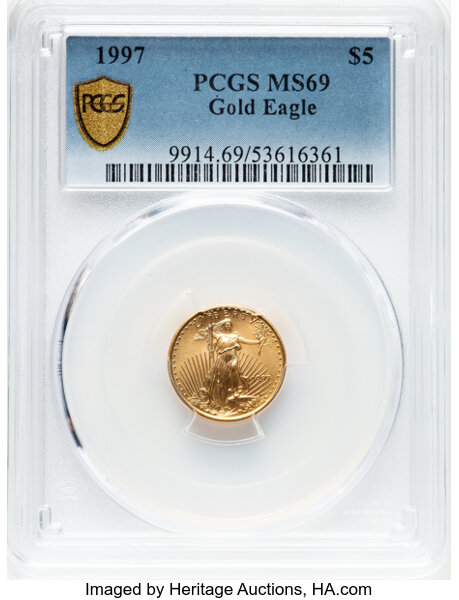 image for: 1997 $5 Tenth-Ounce Gold Eagle MS69 PCGS.  CDN: $436.50 Whsle. Bid for NGC/PCGS MS69. Mintage 528,266....