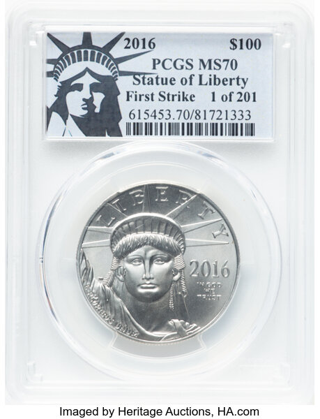image for: 2016 $100 One-Ounce Platinum Eagle, First Strike, 1 of 201, MS70 PCGS. PCGS Population: 35 in 70 (11/25)....