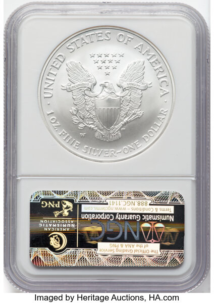 thumbnail for: 2008-W Silver Eagle, Burnished, Reverse of 2007 $1  NGC MS69