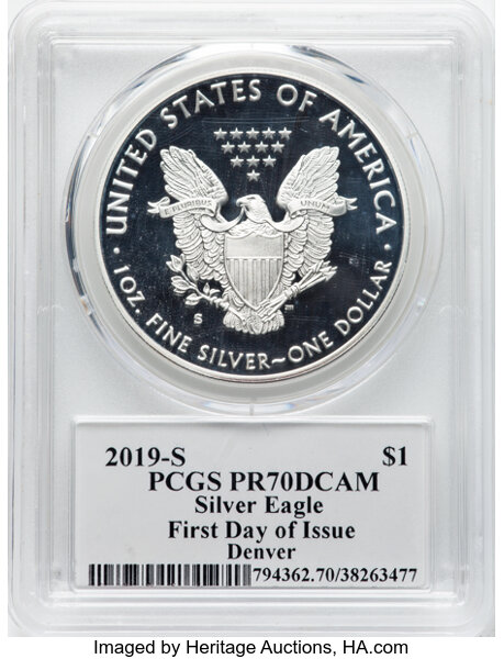 image for: 2019-S $1 Silver Eagle, First Day Issue, Denver, PR70 Deep Cameo PCGS....
