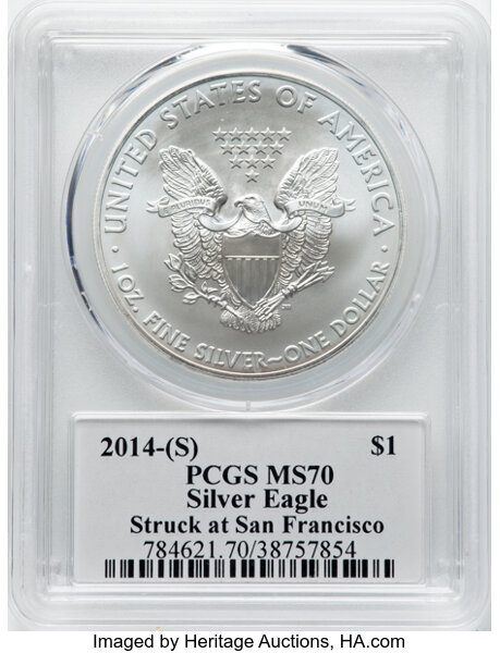 image for: 2014-(S) $1 Silver Eagle, Struck at San Francisco, MS70 PCGS. Signed, Gary Whitley. CDN: $72.31 Whsle. Bid for NGC/PCGS MS7...