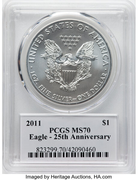image for: 2011 Silver Eagle, 25th Anniversary $1  PCGS MS70
