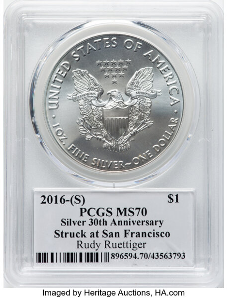 image for: 2016-(S) $1 Silver Eagle, 30th Anniversary, Struck at San Francisco, Rudy Ruettiger Signature, MS70 PCGS.  CDN: $72.31 Whsl...