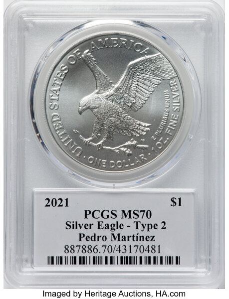 image for: 2021 Silver Eagle, Type 2 $1  PCGS MS70