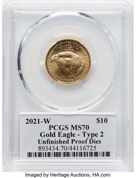 image for: 2021 $10 Quarter Ounce Gold Eagle, Type Two, Unfinished Proof Dies, MS70 PCGS. Signed, Emily Damstra....