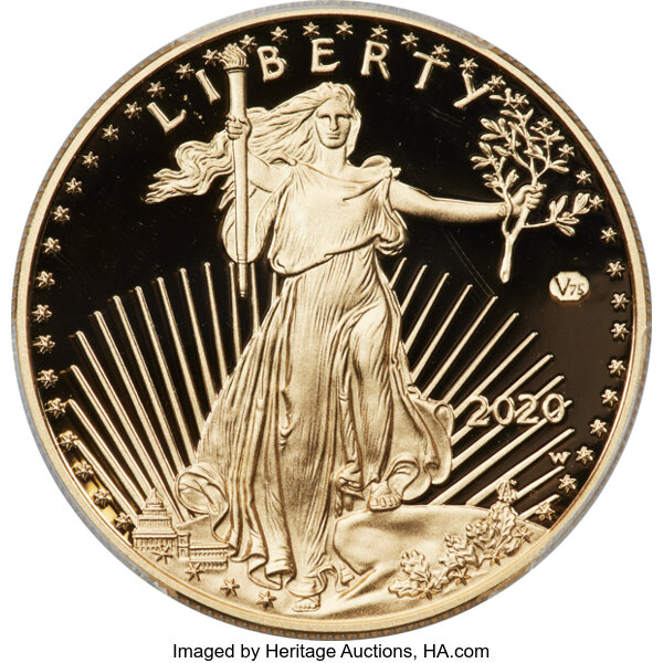 image for: 2020-W $50 One-Ounce Gold Eagle, v75 Privy, 1 of 1,945 Struck, First Day of Issue, PR70 Deep Cameo PCGS. Remarkably deep mi...