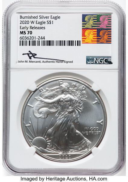 image for: 2020-W $1 Silver Eagle, Burnished, Early Releases, MS70 NGC....