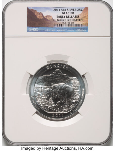 image for: 2011 25C Glacier, Five Ounce Silver, Early Releases, Gem Uncirculated NGC....