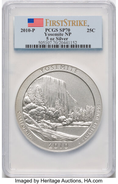 image for: 2010-P 25C Yosemite National Park, Five-Ounce Silver, First Strike, SP70 NGC....