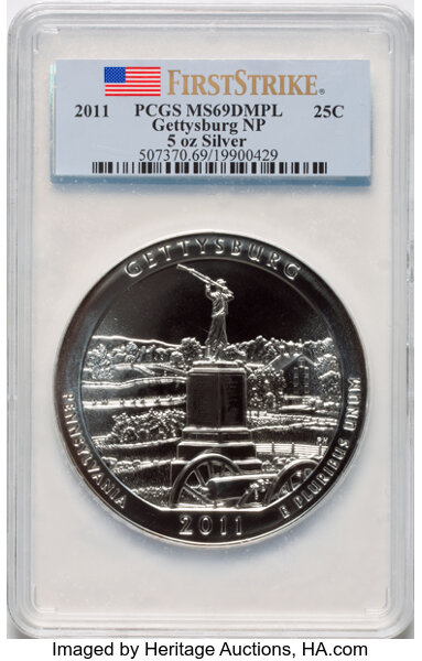 image for: 2011 25C Gettysburg National Park, Five-Ounce Silver, First Strike, MS69 Deep Mirror Prooflike NGC. NGC Census: 0 in 69, 0 ...