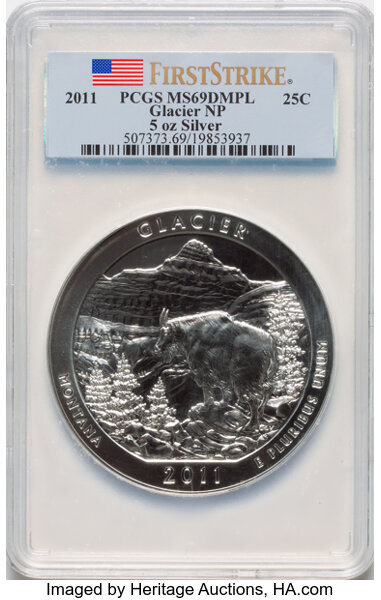 image for: 2011 25C Glacier National Park Five Ounce Silver, First Strike, MS69 Deep Mirror Prooflike NGC. NGC Census: 0 in 69, 0 fine...