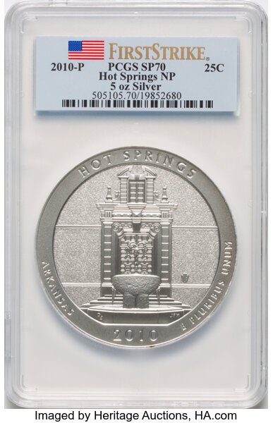 image for: 2010-P 25C Hot Springs National Park, Five-Ounce Silver, First Strike, SP70 PCGS....