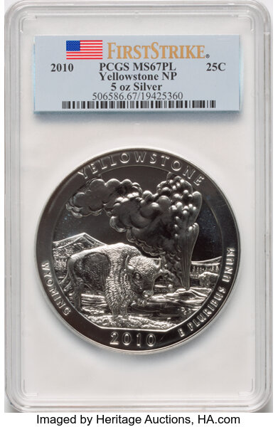 image for: 2010 25C Yellowstone Five Ounce Silver, First Strike, MS67 Prooflike NGC. NGC Census: 0 in 67, 0 finer (11/25)....