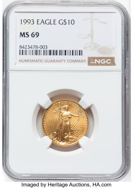 image for: 1993 $10 Quarter-Ounce Gold Eagle, MS69 NGC.  CDN: $1,820 Whsle. Bid for NGC/PCGS MS69....