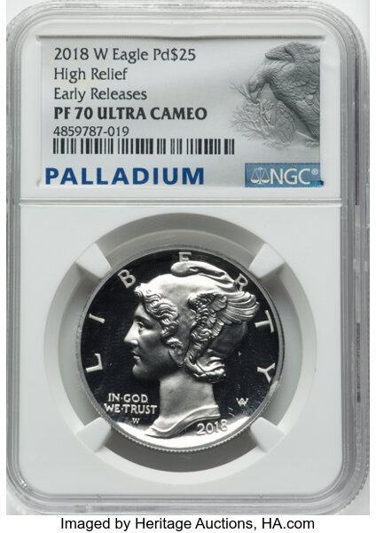image for: 2018-W $25 Palladium, High Relief, Early Releases, PR70 Ultra Cameo NGC....