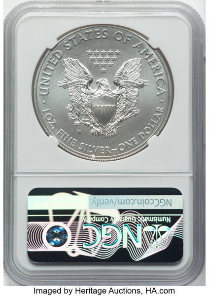 image for: 2014-W $1 Silver Eagle, Burnished MS70 NGC. Authentic hand-signed, John M. Mercanti....