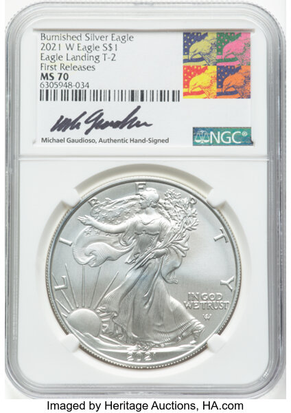 thumbnail for: 2021-W Silver Eagle, Type 2, Burnished $1  NGC MS70