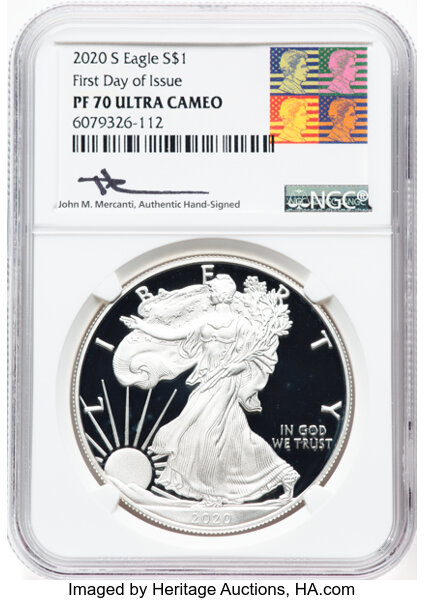 image for: 2020-S $1 Silver Eagle, First Day of Issue, PR70 Ultra Cameo NGC. Authentic hand-signed, John M. Mercanti. NGC Census: 0 in...