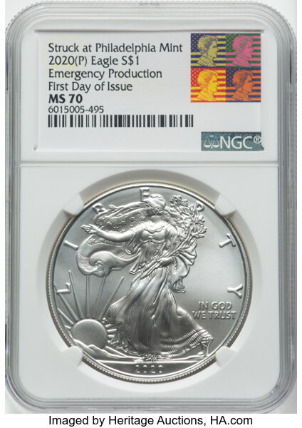 image for: 2020-(P) $1 Silver Eagle, Emergency Issue Struck at Philadelphia, First Day of Issue, MS70 NGC. NGC Census: 0 in 70, (10/25...