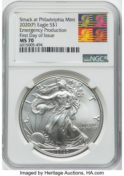 image for: 2020-(P) $1 Silver Eagle, Emergency Issue Struck at Philadelphia, First Day of Issue, MS70 NGC. NGC Census: 0 in 70, (10/25...