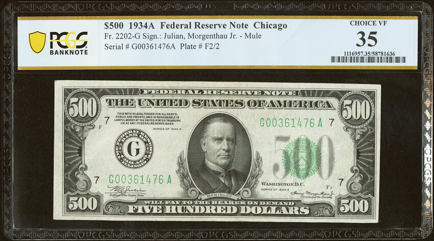 image for: Fr. 2202-G $500 1934A Federal Reserve Note. PCGS Banknote Choice VF 35....