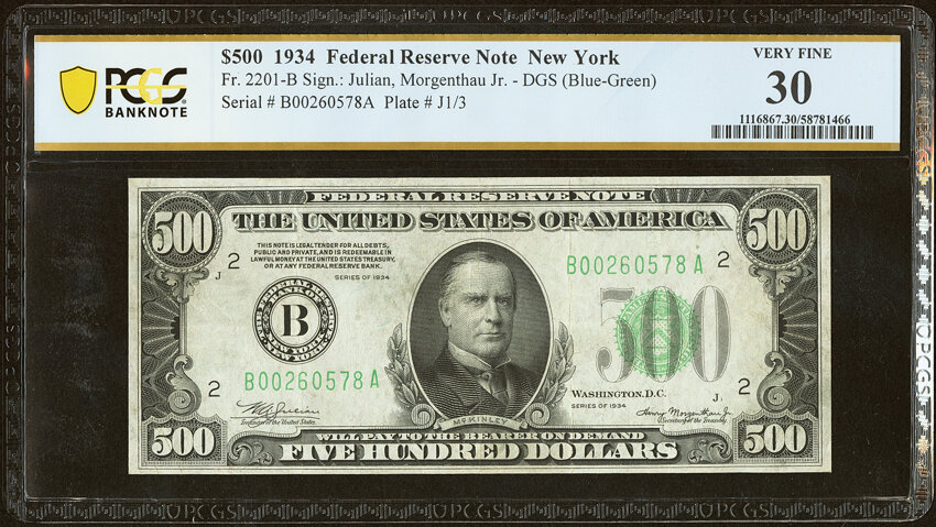 image for: Fr. 2201-B $500 1934 Federal Reserve Note. PCGS Banknote Very Fine 30....
