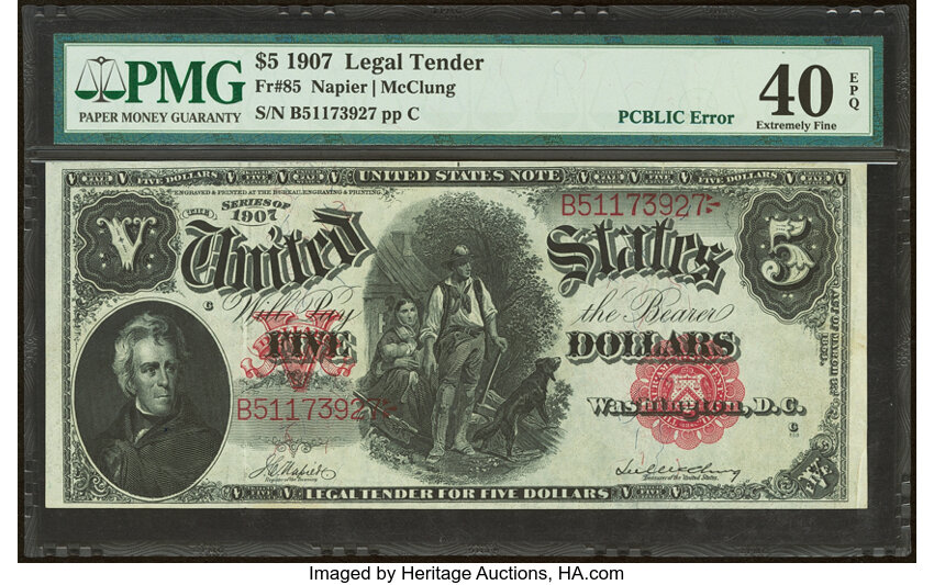 image for: Fr. 85 $5 1907 "PCBLIC" Error Legal Tender PMG Extremely Fine 40 EPQ....