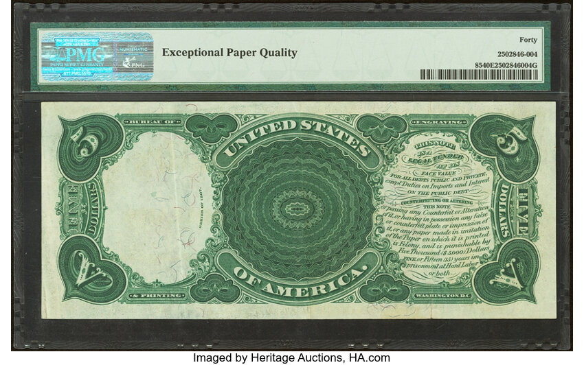 image for: Fr. 85 $5 1907 "PCBLIC" Error Legal Tender PMG Extremely Fine 40 EPQ....