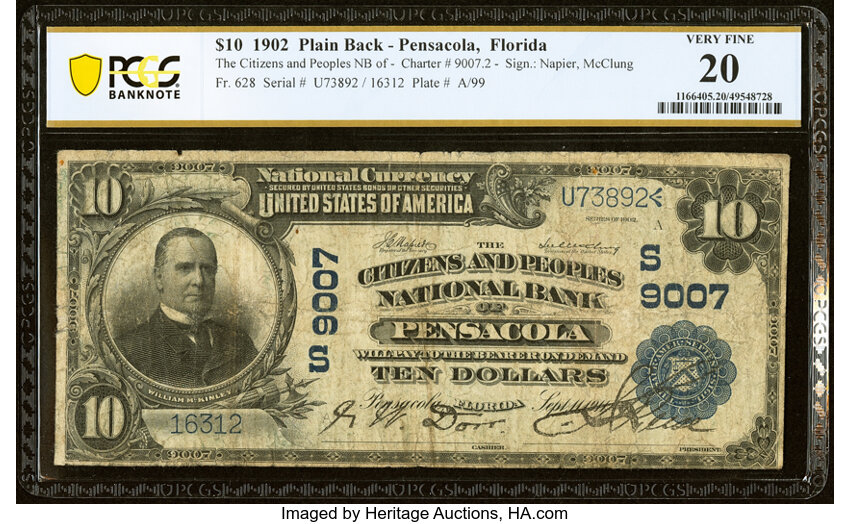 image for: Pensacola, FL - $10 1902 Plain Back Fr. 628 The Citizens & Peoples National Bank Ch. # (S)9007 PCGS Banknote Very Fine 20....