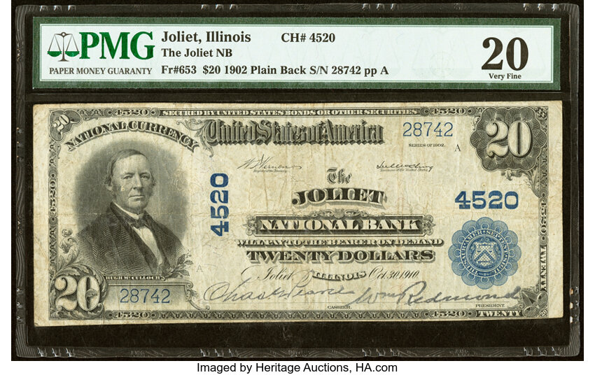 image for: Joliet, IL - $20 1902 Plain Back Fr. 653 The Joliet National Bank Ch. # 4520 PMG Very Fine 20....