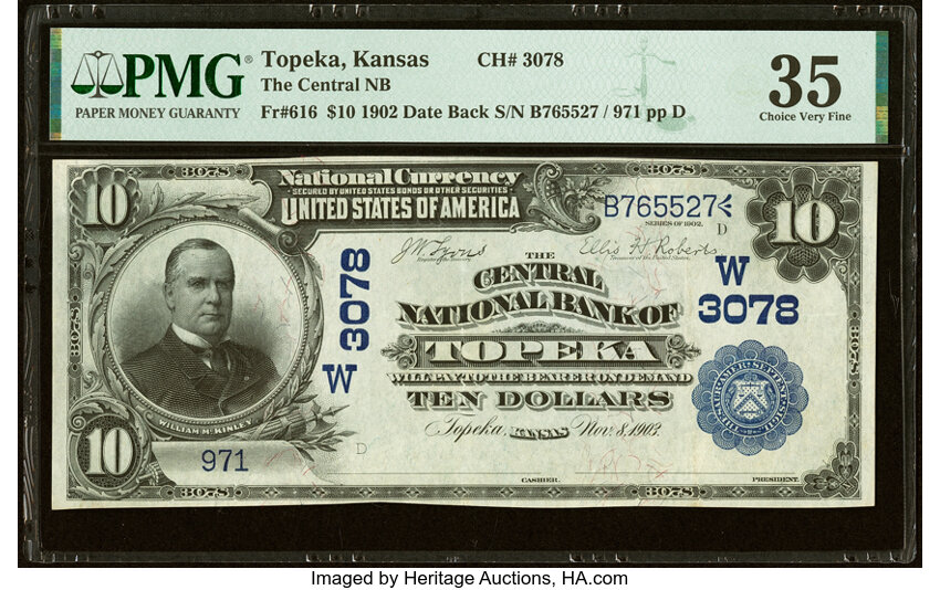 image for: Topeka, KS - $10 1902 Date Back Fr. 616 The Central National Bank Ch. # (W)3078 PMG Choice Very Fine 35....