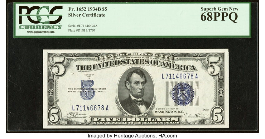 image for: Fr. 1652 $5 1934B Silver Certificate. PCGS Superb Gem New 68PPQ....