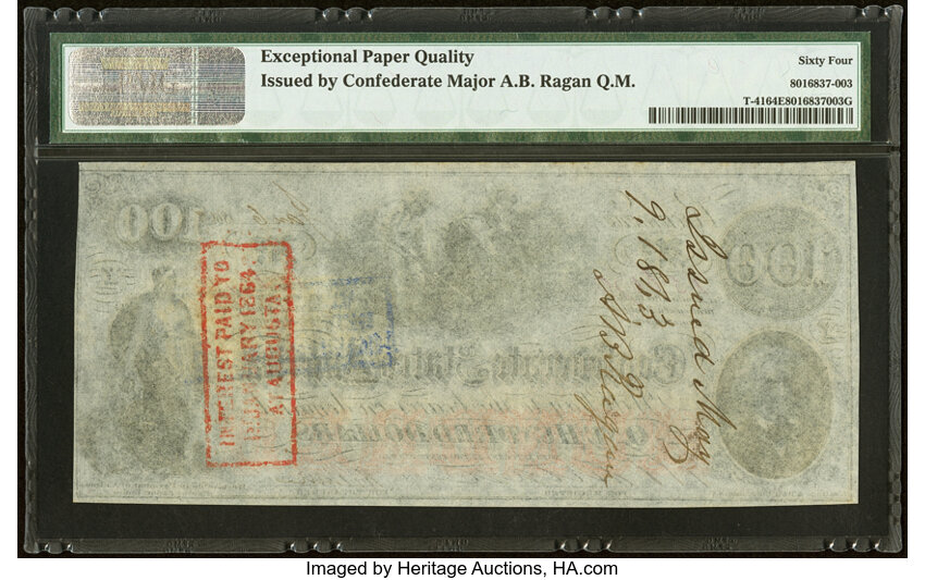 image for: Military Endorsement "A.B. Ragan [Maj. & QM]" T41 $100 1862 PF-53 Cr. 325A PMG Choice Uncirculated 64 EPQ....