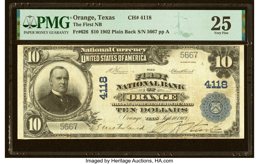 image for: Orange, TX - $10 1902 Plain Back Fr. 626 The First National Bank Ch. # 4118 PMG Very Fine 25....